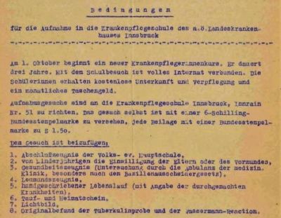 Details aus der Blaupause der Aufnahmebedingungen der Krankenpflegeschule, 1951.