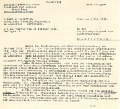 Abschrift der Bestätigung des Antrages der Stadt Innsbruck beim deutsch-österreichischen Staatsamt für soziale Verwaltung vom 6. Mai 1919