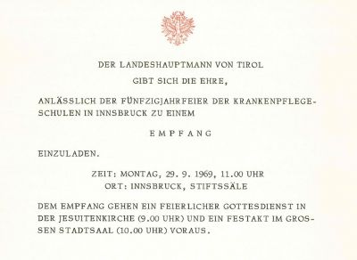 Einladung zum Festakt anlässlich des 50jährigen Bestehens der Krankenpflegeschule Innsbruck.